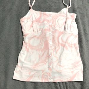Pink and white tank top with spaghetti straps and buttons
